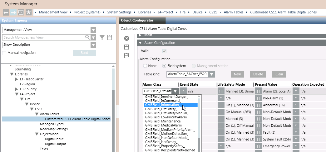 A new Alarm Class in the Customized CS11 Alarm Table