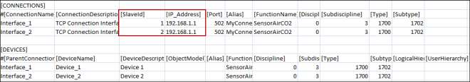 Screenshot of CSV with proper Slave Id configuration