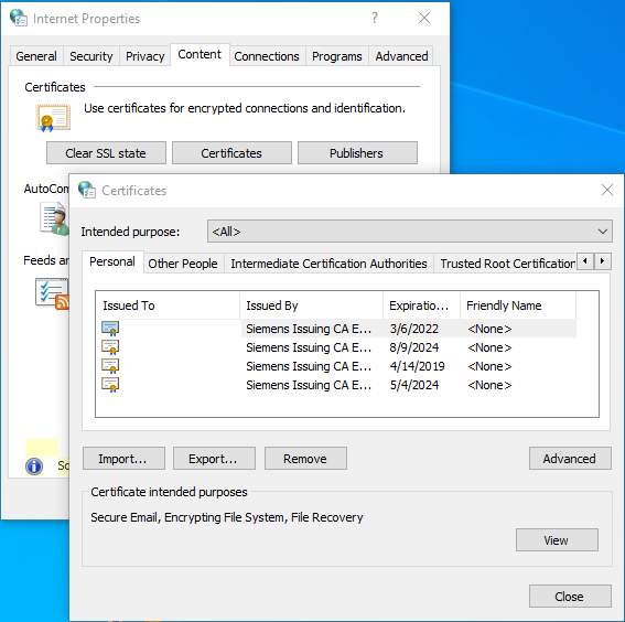 A list of certificates in MS Windows