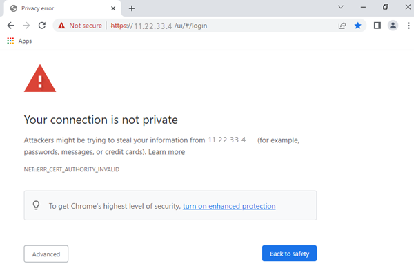 A warning message due to an incorrect certificate